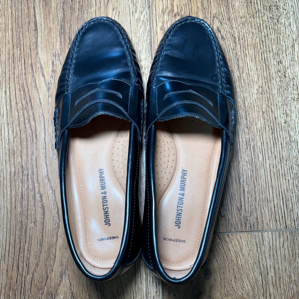 Johnston & Murphy Mens 9M Sheepskin Penny Loafers Black Leather Dress Shoes - Picture 6 of 12